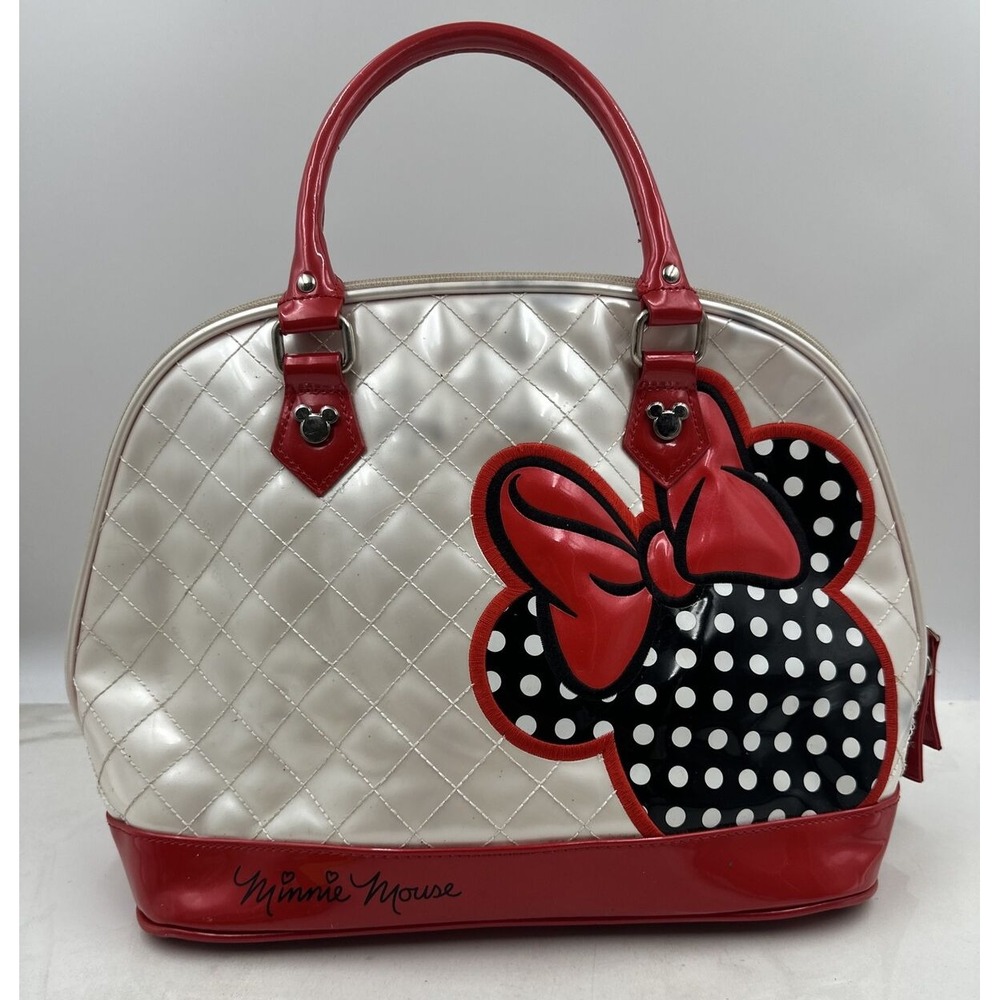 Loungefly Dome Handbag Minnie Mouse Disney Quilted Tote LARGE Red & Pearl Patent